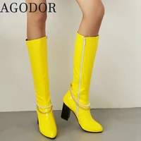 agodor black patent leather knee high boots pointed toe block high heel tall boots green knee high boots with chain plush size