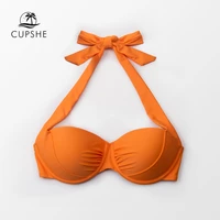 cupshe underwire push up halter bikini top women sexy solid orange wide straps top 2021 girls separate swimwear bathing bra top