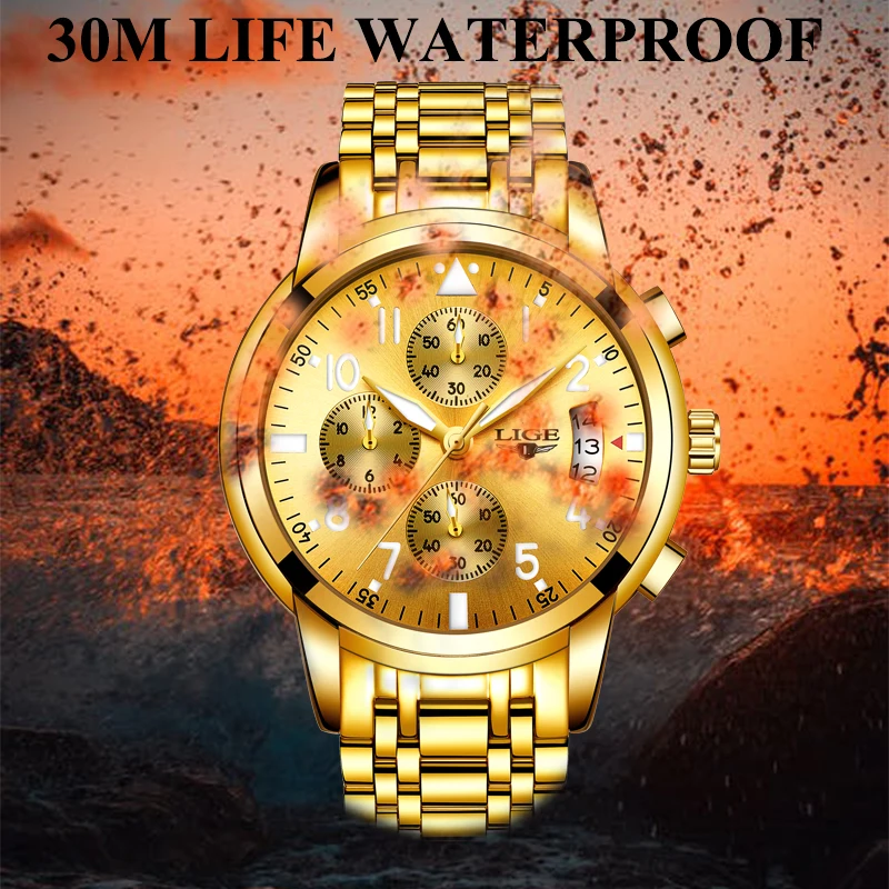2019 LIGE мужские Топ люксовый бренд водонепроницаемые золотые часы с хронографом