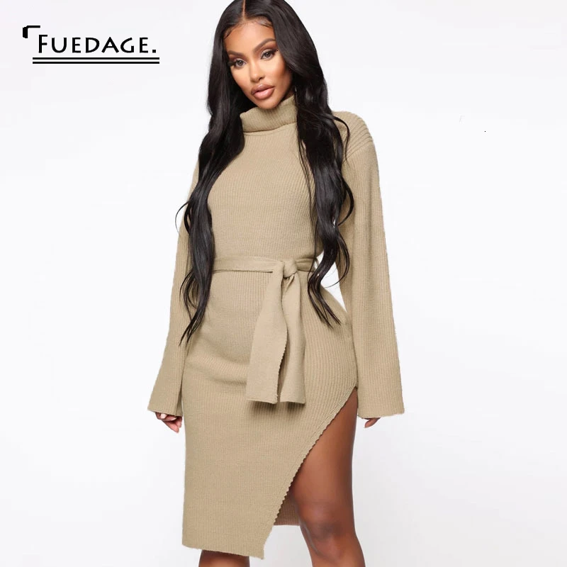 Женское вязаное платье Fuedage осенне зимнее облегающее с высоким разрезом и поясом