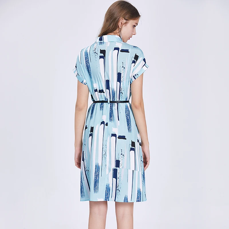 

Summer Dress Office Lady Silk Dress Women Robes High Waist Color Striped Printed Casual Party Dresses TA6606