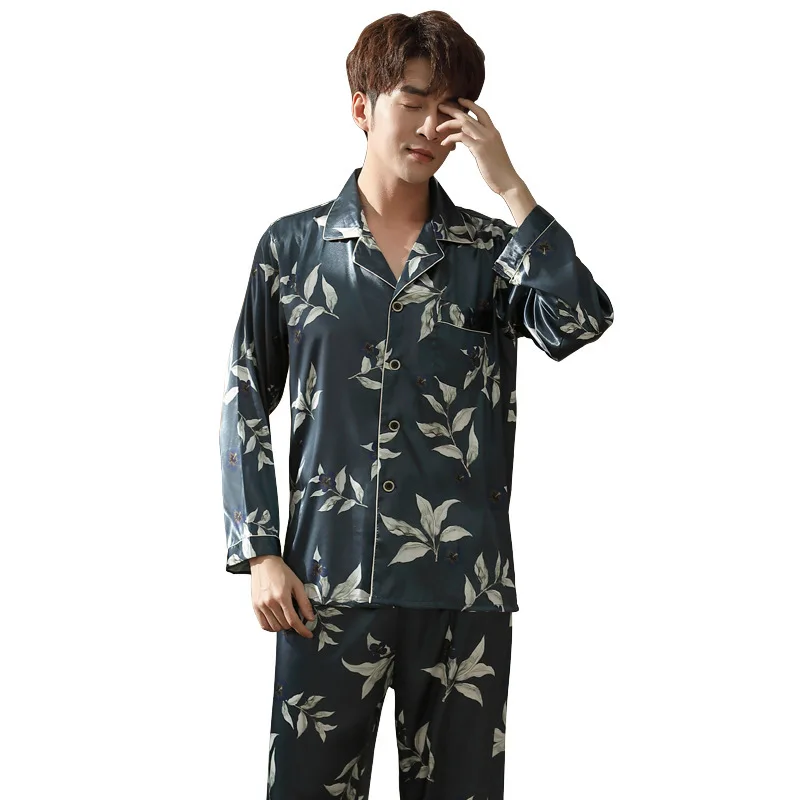 

Large Size Slippery Pajamas Men's Summer Thin Ice Silk Men's Satin Fabric Silky Long-sleeved Trousers Pijama Hombre Verano 2020