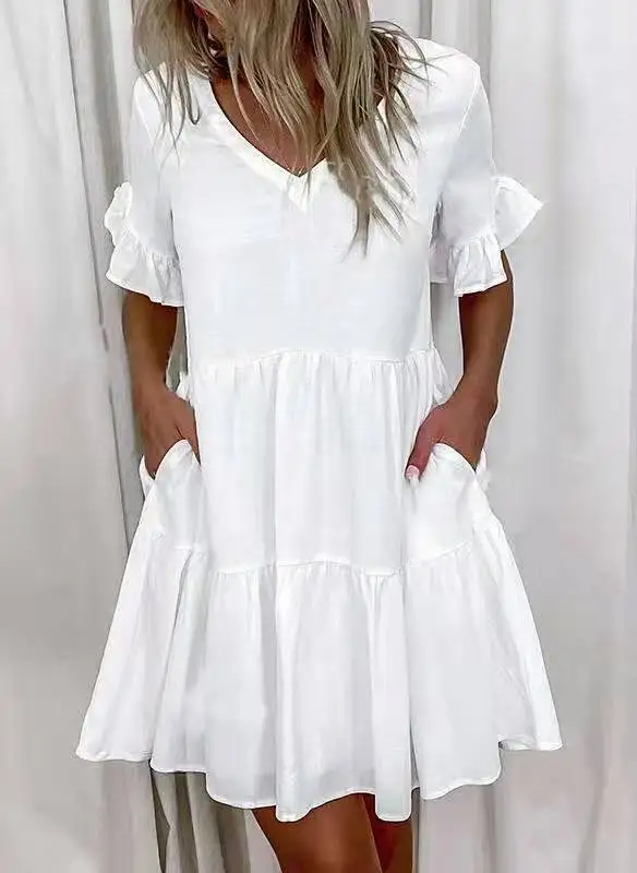 

2021 Women's Fashion Short Printed Ruffle Pocket Dress Women