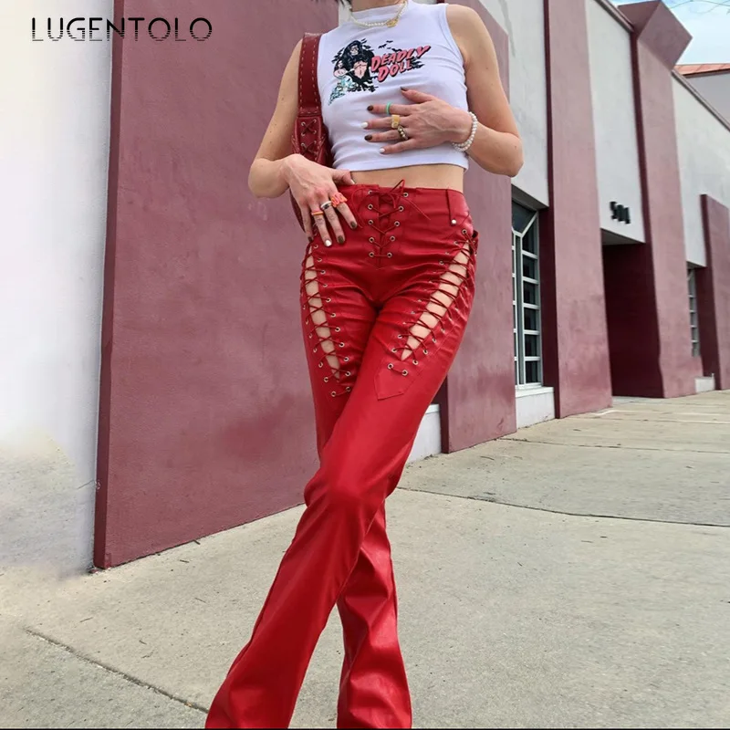

Lugentolo Sexy Pants PU Women Moto Bandage Trend Summer Hollow Out Casual Trousers Solid High Waist Slim Fashion Long Pants