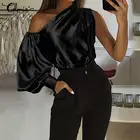 2021 Celmia женские атласные топы с рукавами-фонариками, летняя блузка на одно плечо, асимметричные повседневные рубашки, модные глянцевые Блузы