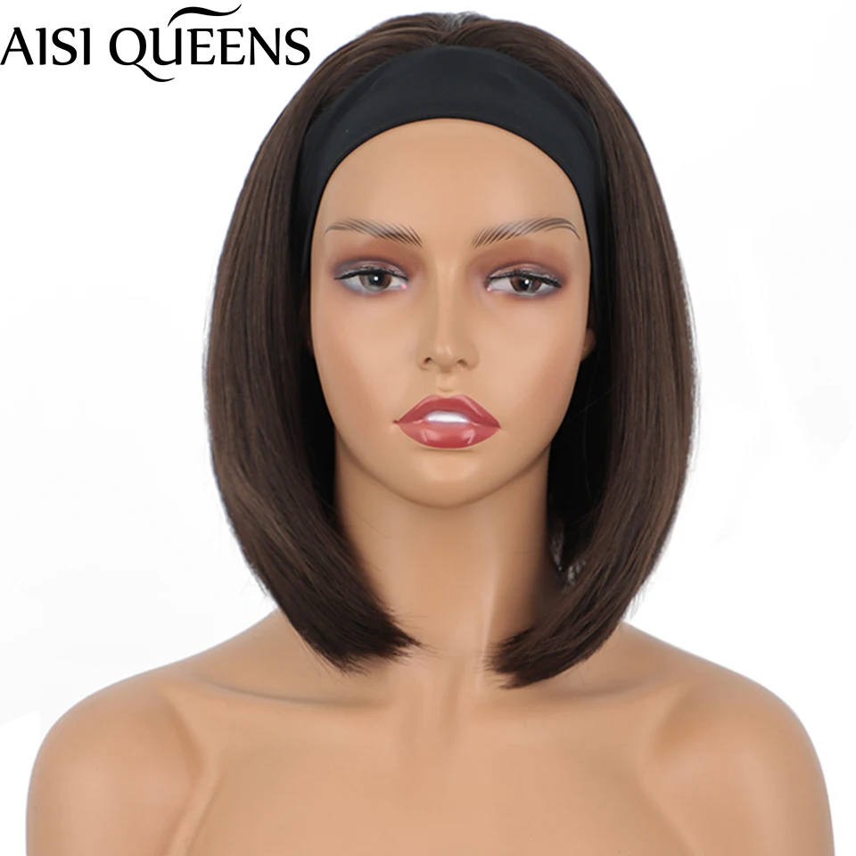 

AISI QUEENS Straight Bob Headband Wig Short Brown Synthetic Wigs for Women Ombre Black Red Daily Use Hair High Temperature Fiber