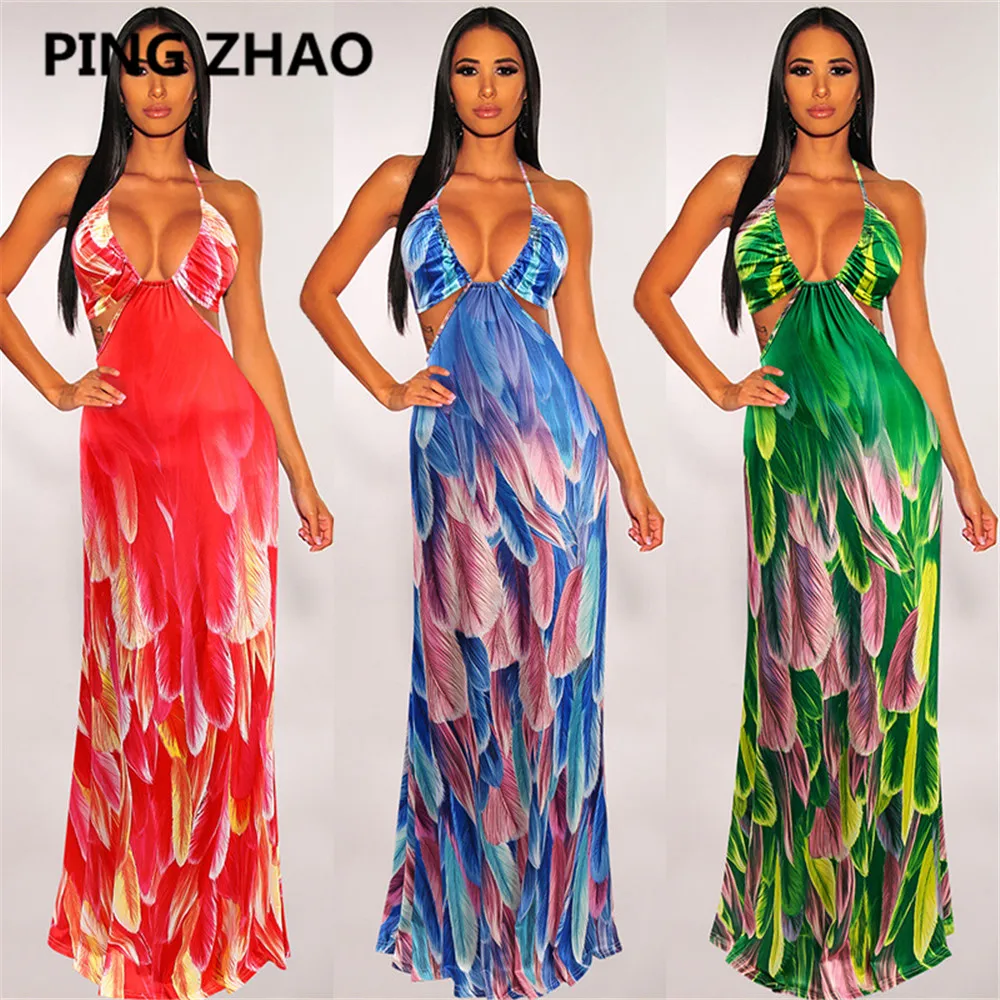 

PING ZHAO Print Bodycon Maxi Dress Halter Beach Dress Summer Boho Women Sexy Long Dresses Night Club Female Dress