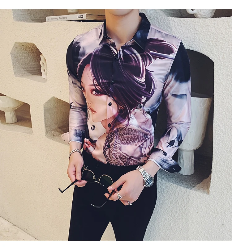 Высокое качество, Camisa Masculina, мода, мужская рубашка с длинным рукавом, красивая девушка, с принтом, тонкая рубашка, мужская рубашка для ночного клуба, смокинг, платье