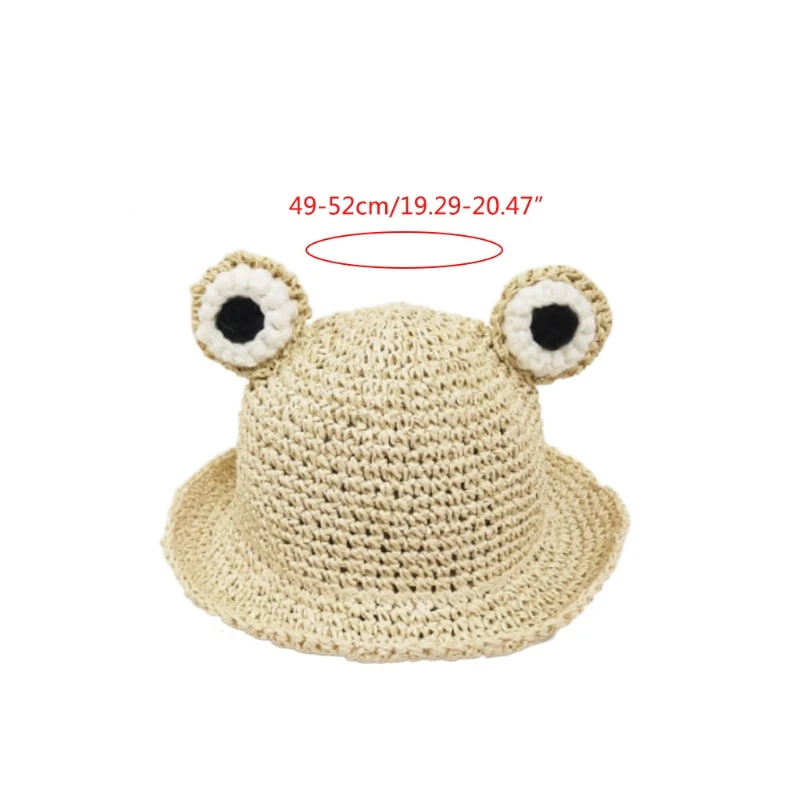 

Toddler Kids Straw Hand-Woven Summer Sun Hat Cute Cartoon Frog Eyes Wide Brim Sunscreen Foldable Beach Fisherman Cap