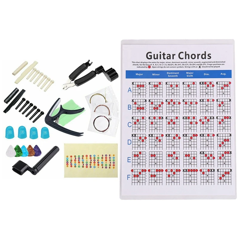 

33 Pieces Guitar Strings Changing Kit & 1x Pick Holder & 1x Acoustic Guitar Practice Chords Scale Chart Tool