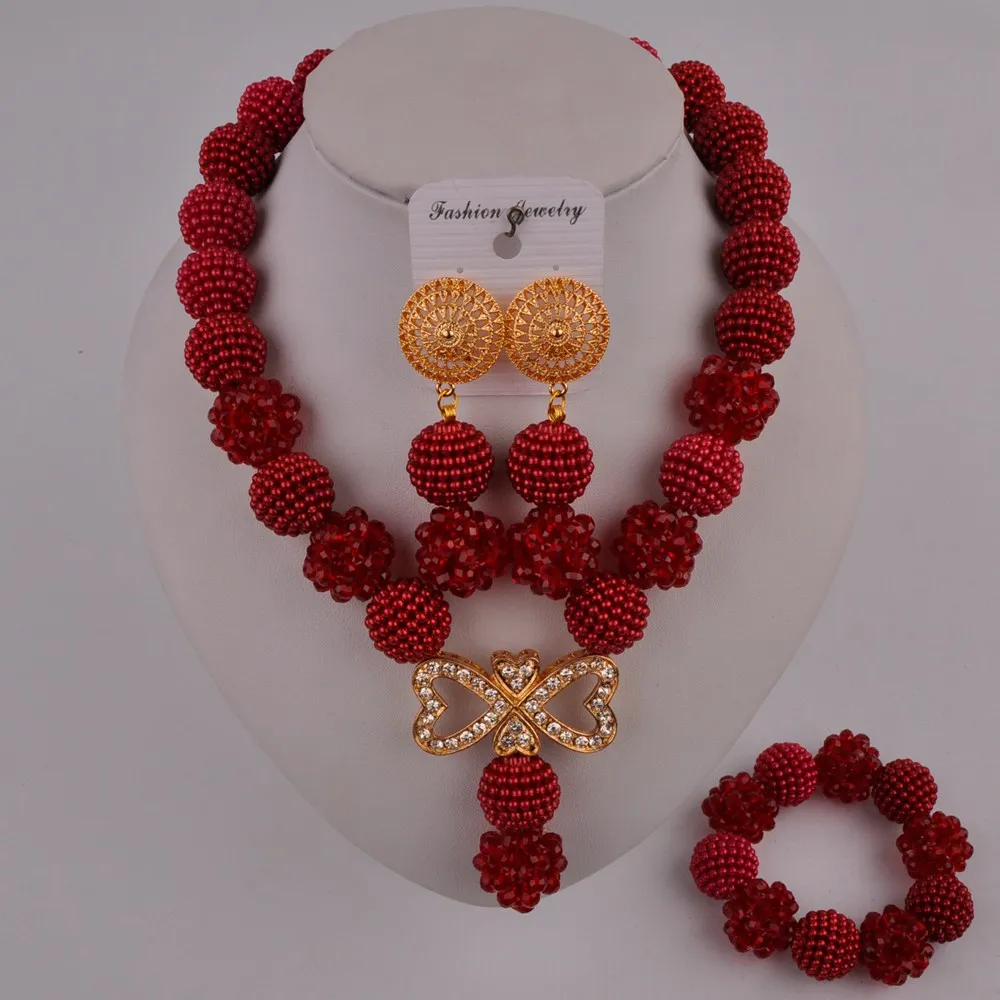

wine simulated pearl and crystal african beads jewelry set nigeria wedding necklace bracelet earrings sets FZZ102