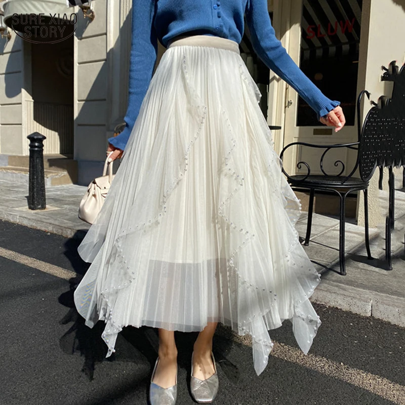 

Vintage Fashion High Waist Slim Pleated Skirt Casual Sweet Beaded Mesh Gauze Skirt Spring Elegant Fairy Cake A-line Skirt 18383