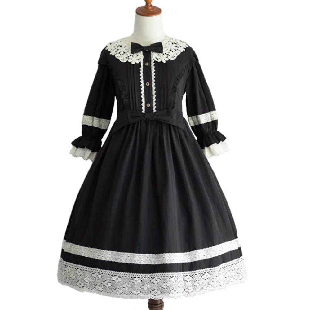 

Lolita Style Ladies Dresses Spring Autumn Fashion Casual Simple Designer Cute Lace Bowknot Round Neck Long Sleeve 2021