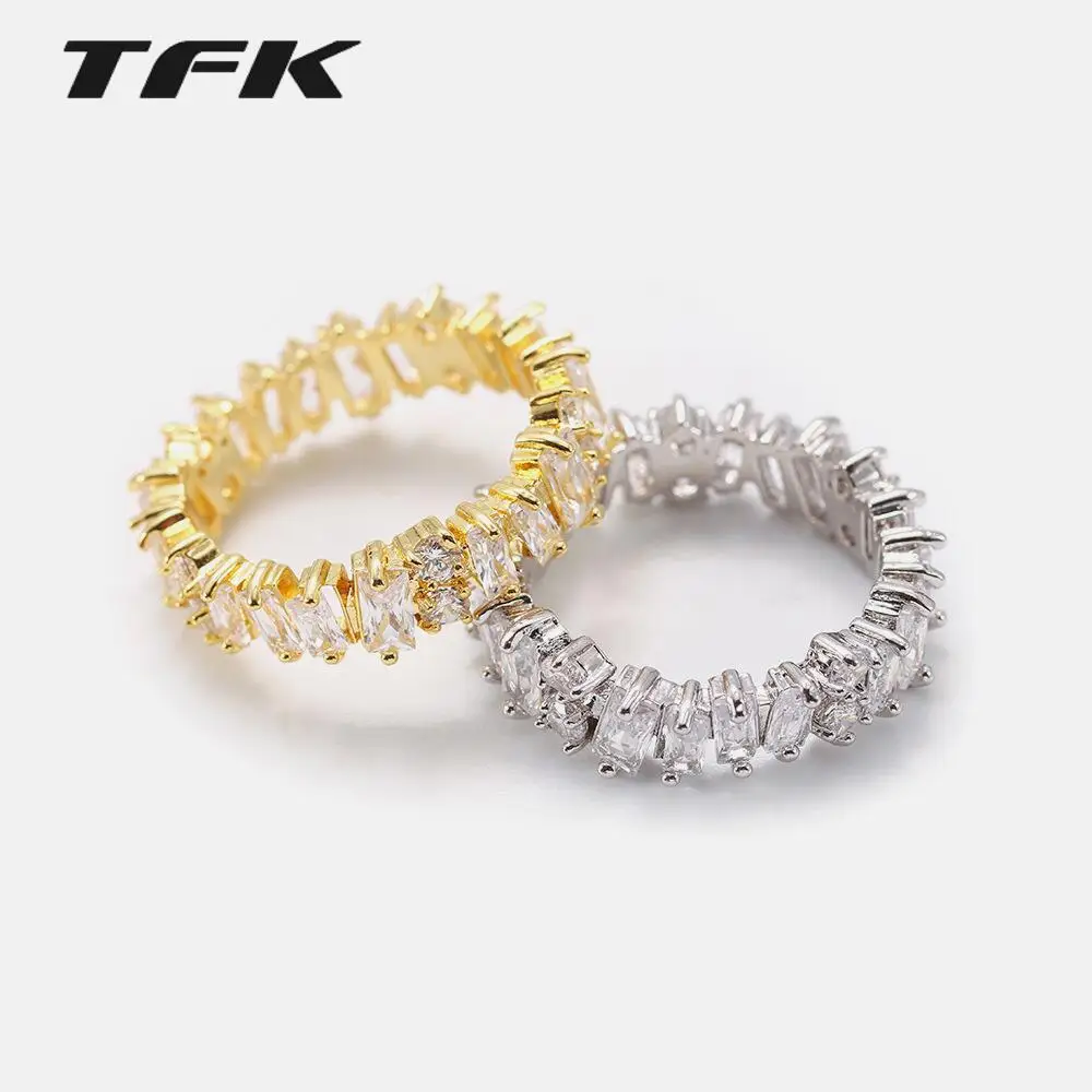 

Женские блестящие кольца TFK с кубическим цирконием золотого цвета, женская повседневная одежда, стильные цветные яркие кольца, ювелирные из...