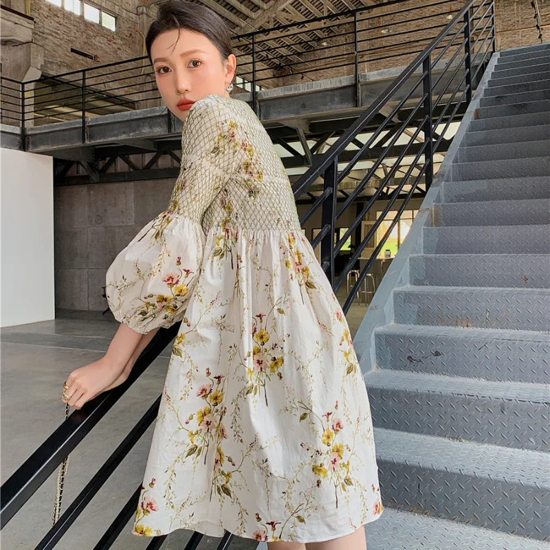 

Kimotimo Print Folds Dress Women Spring Summer New O-neck Puff Sleeve Design Sweet A Line Mini Dresses Korean Fashion 2021 Femme