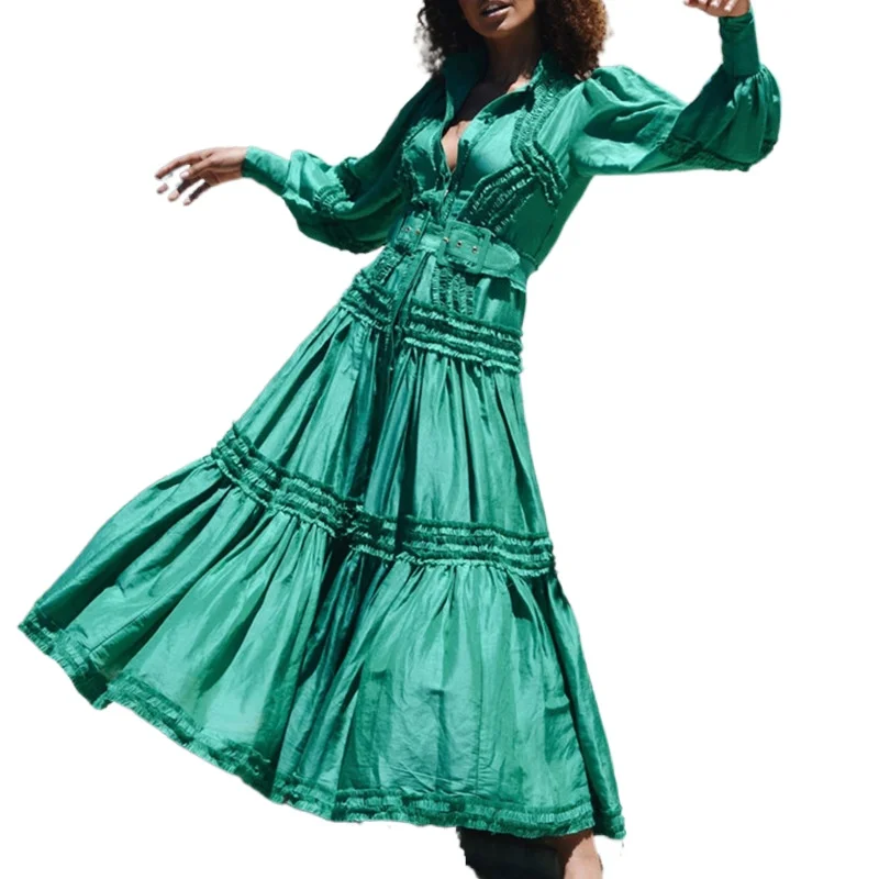 

Elegant Summer Women's Dress 2021 White Dresses for Women Stand Collar Lantern Sleeve High Waist Sashes Temperament Fashion New