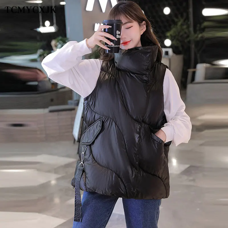 

Winter Vest Sleeveless Women 2021 New Pocket Down Cotton Stand Collar Mid-length Fashion Loose Large Size Women's Jackets