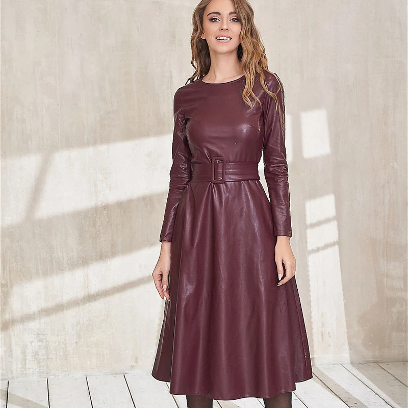 Fashion Belt Faux Leather Dresses Women Long Sleeve Slim Fit PU Dress Sexy Club Wear New Arrival 2021 Autumn Winter