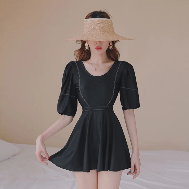 Консервативная юбка купальник женский скрывающий живот тонкая маленькая черная