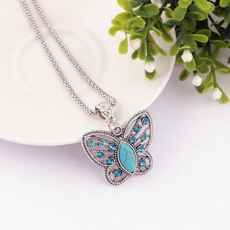 Ретро бирюзовые Ювелирные наборы с бабочками подвеска ожерелье модная цепочка