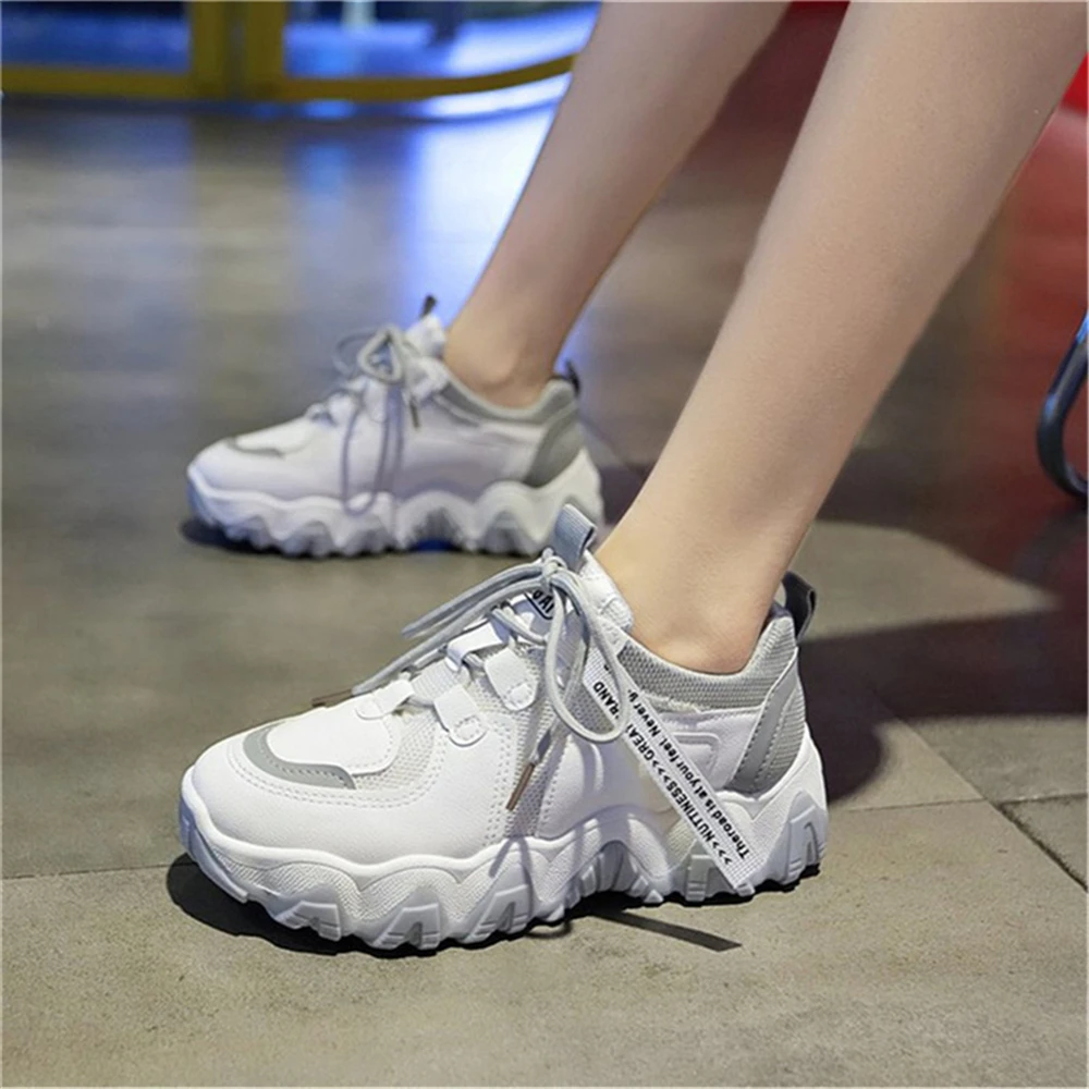 

Female Sports Shoes Round Toe PU Rubber Breathable Mesh Platform Shoes Woman Spring Lace -Up Sneakers Flats