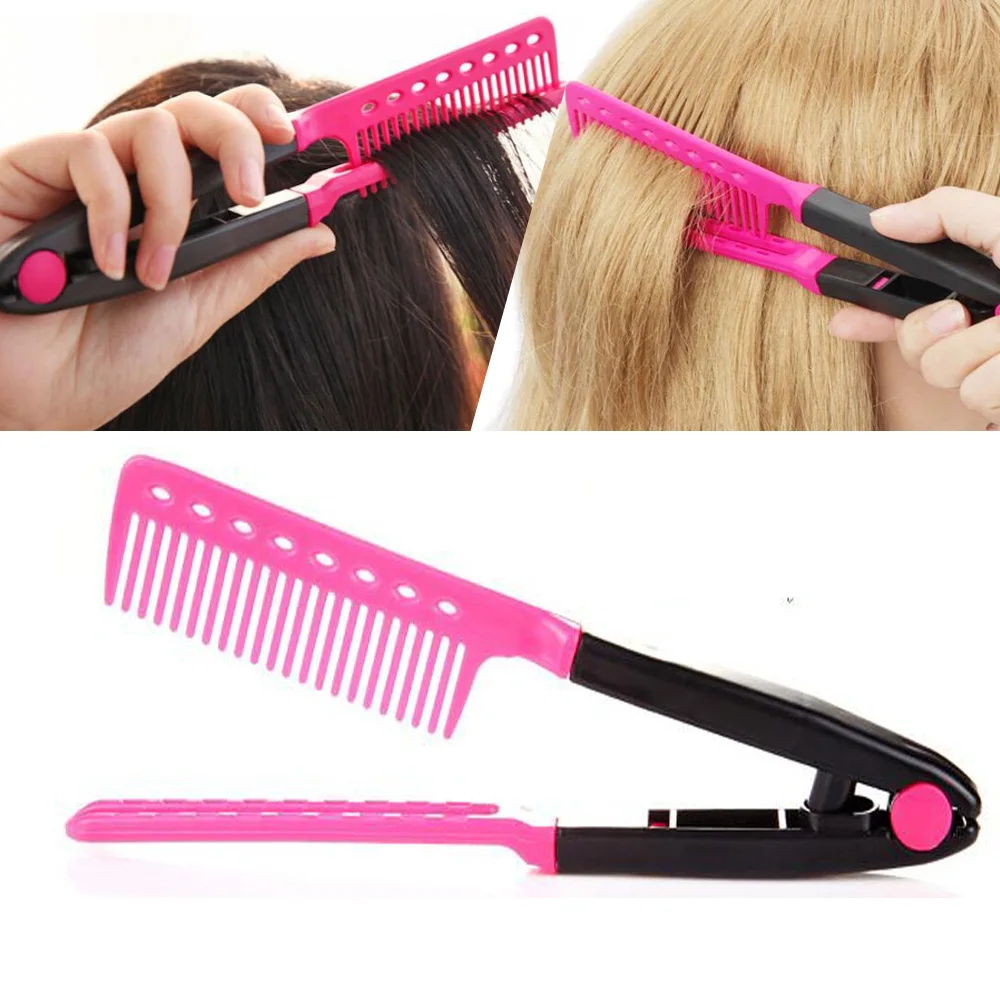 1 pc women V type design Hair Straightener Comb Folding Hair Sort Out Pink Modeling Salon Hairdresser Combs Styling Tool