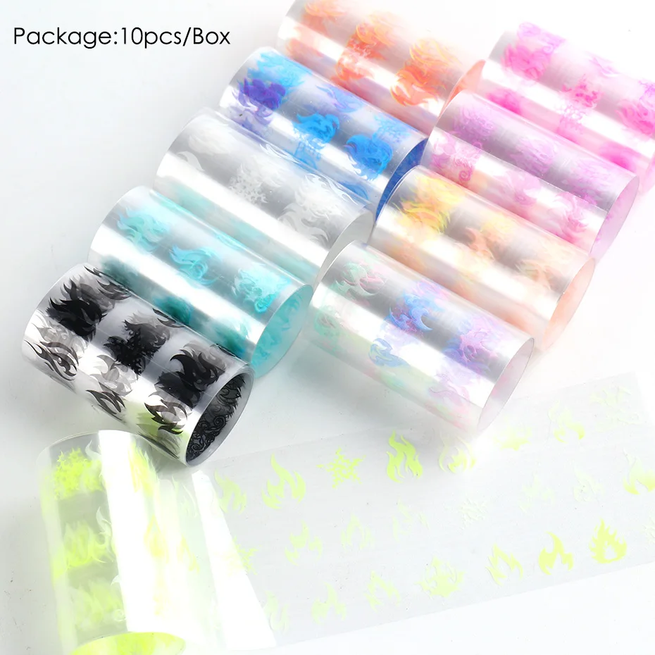 10 шт. светящиеся пламя ногтей Переводные фольги наклейки голографические