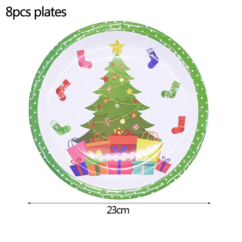 B01-8pcs plates Рождественский одноразовый набор посуды для вечеринки тарелки салфетки для стаканчиков бумажные соломинки Ножи Ложки Набор вилок Новогоднее украшение - Цвет: B01-8pcs plates