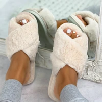 women fashion warm fluffy slippers cozy faux fur cross indoor floor slides flat soft furry ladies female celebrities flip flops
