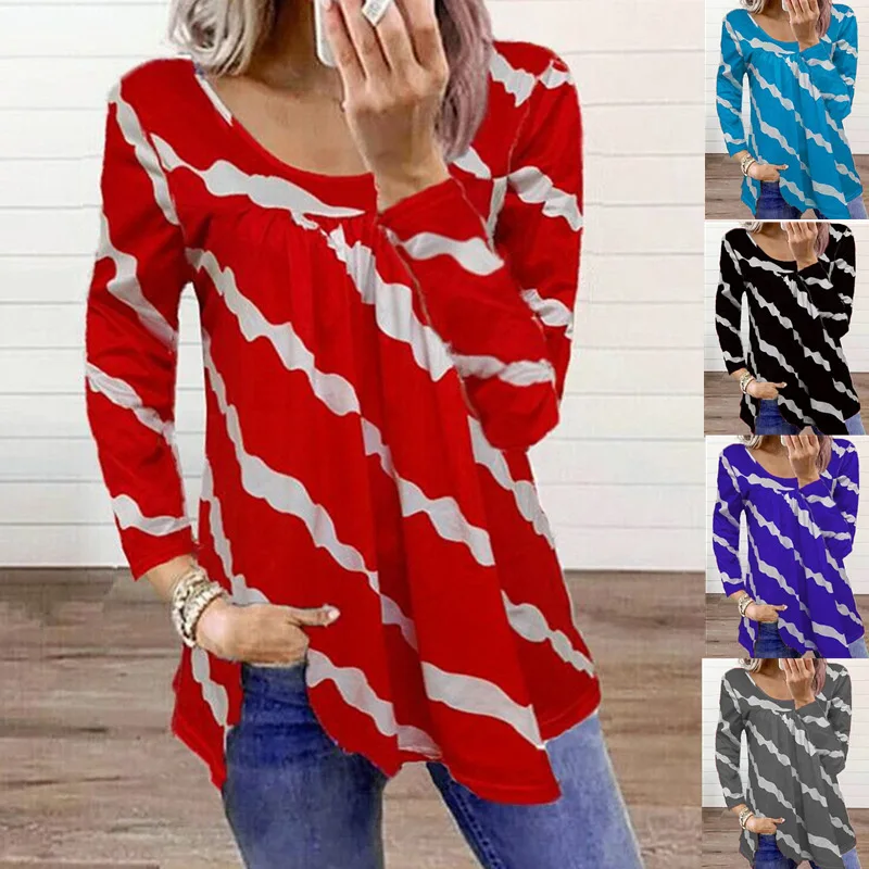 

Women Autumn Winter Shirts Long Sleeve Striped Printed Loose T-Shirts Casual Fashion Plus Size Tops