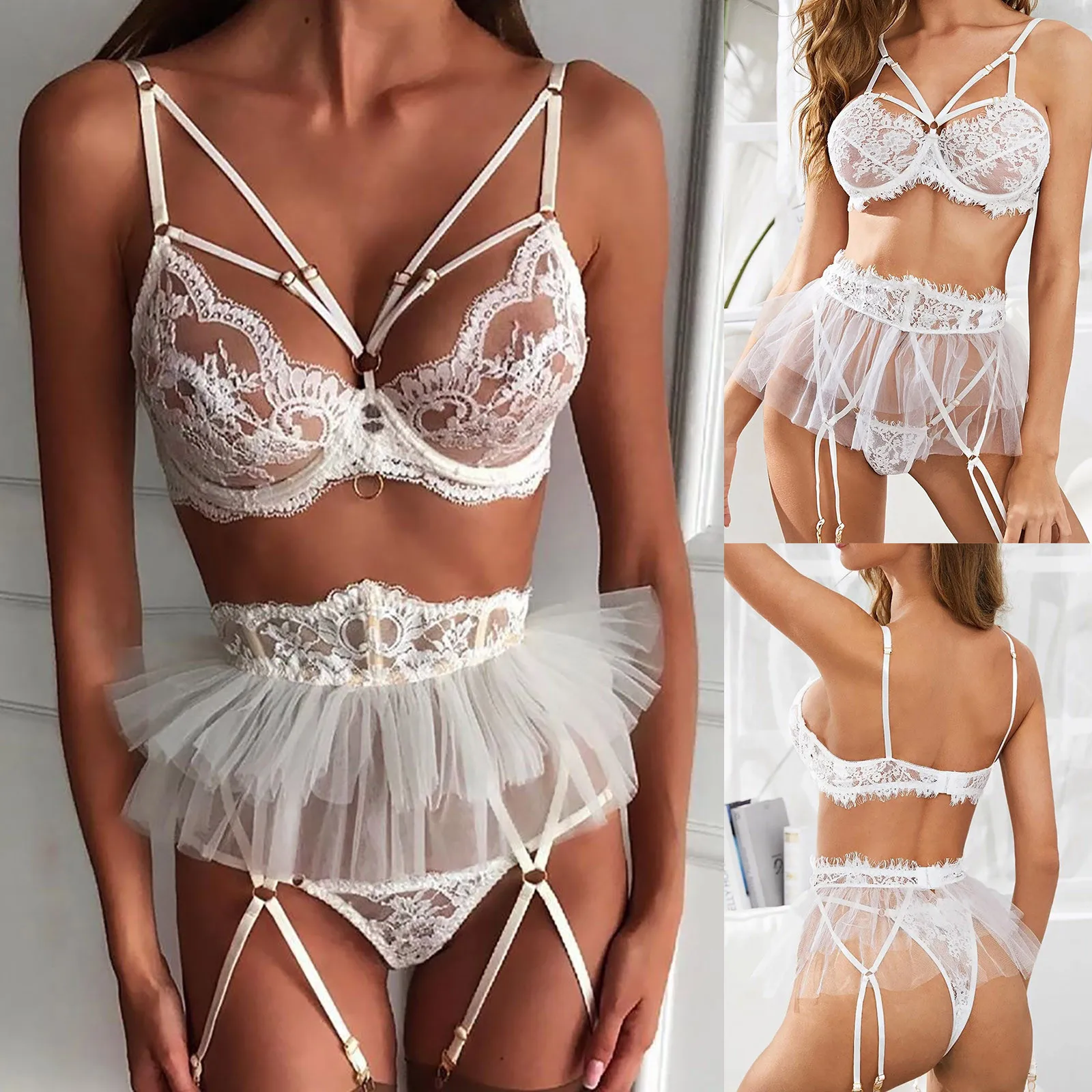

Fashion Women Exquisite Mesh Lingerie Bra+Garter+Briefs Set Babydoll Cut-Out Sleepwear Babydoll Cut-Out Sleepwear