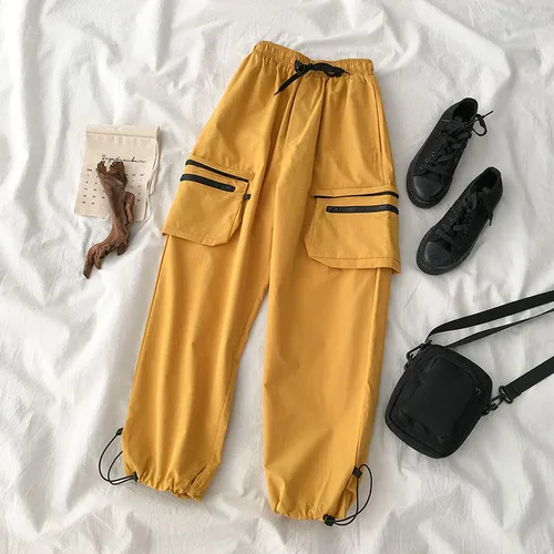 yellow Neploe Винтаж дамские повседневные женские брюки-карго, на молнии, с карманами, свободные штаны джоггеры шаровары Для женщин в Корейском стиле; уличная 54911 - Цвет: yellow
