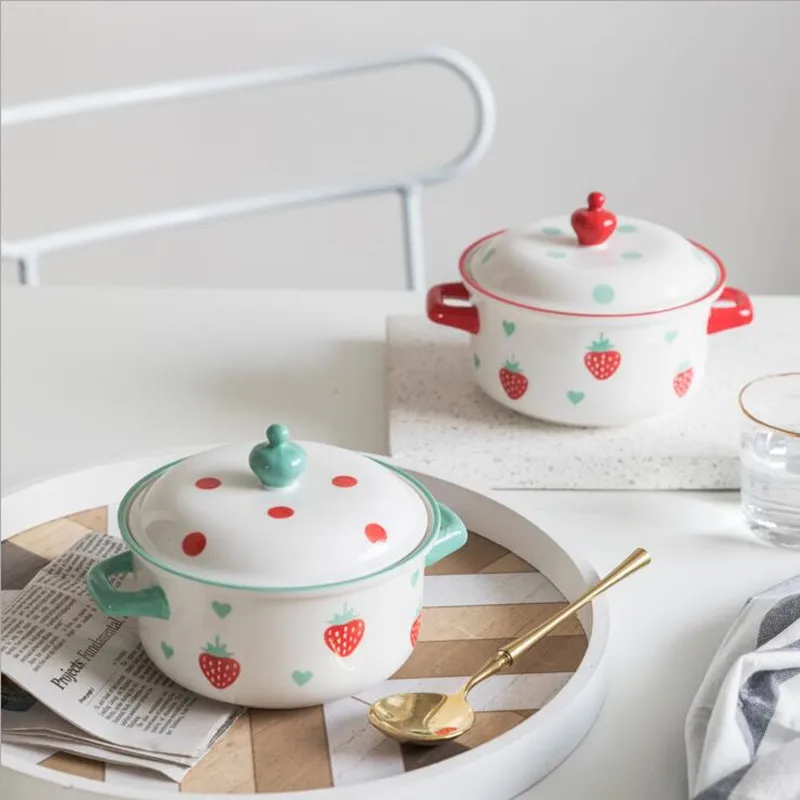 Ceramic Tableware Strawberry Pattern Dish Plate Western Food Household Pasta Dessert Soup Bowl with Handle | Дом и сад