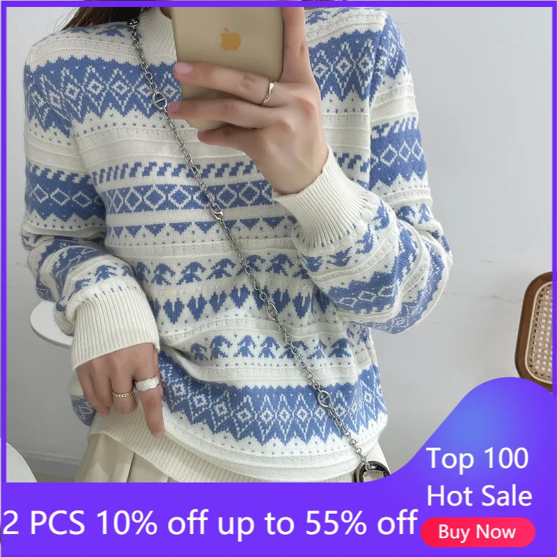 

Свитеры для женщин 2021 осень зима толстые теплые Повседневные пуловеры с круглым вырезом полосатая вязаная женская одежда 6842 #