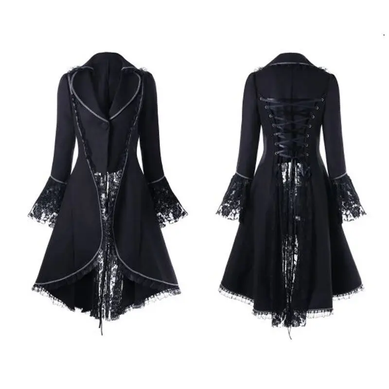 

Kalenmos New Medieval Jackets for Women Long-sleeved Waist Lace Stitching Flared Sleeve Button Placket Tuxedo 5XL Ladies Coat