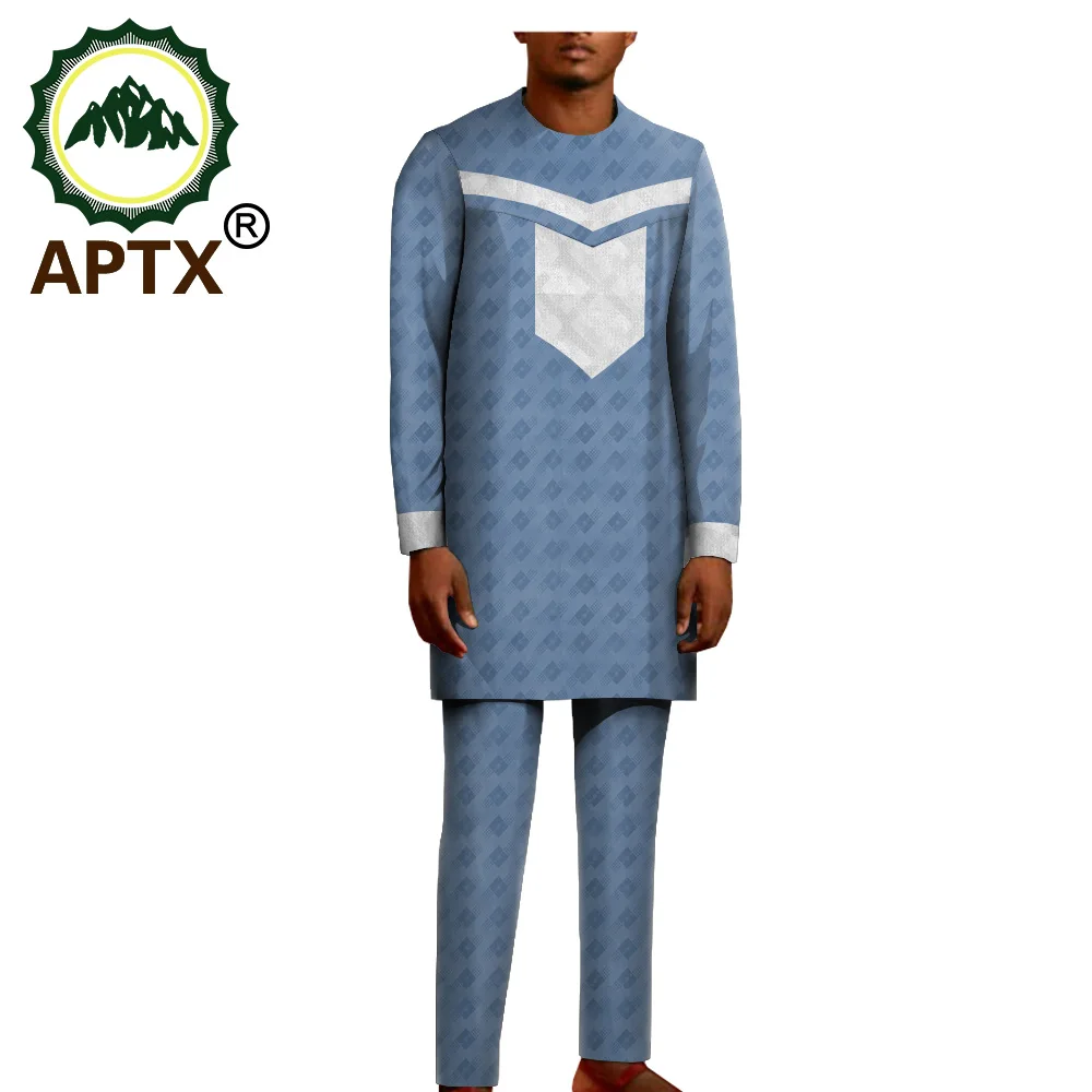 

African Jacquard Material 2 Pieces Suit for Men APTX Full Sleeves Long Top+Full Length Pants Men's Cotton Suit T2016016