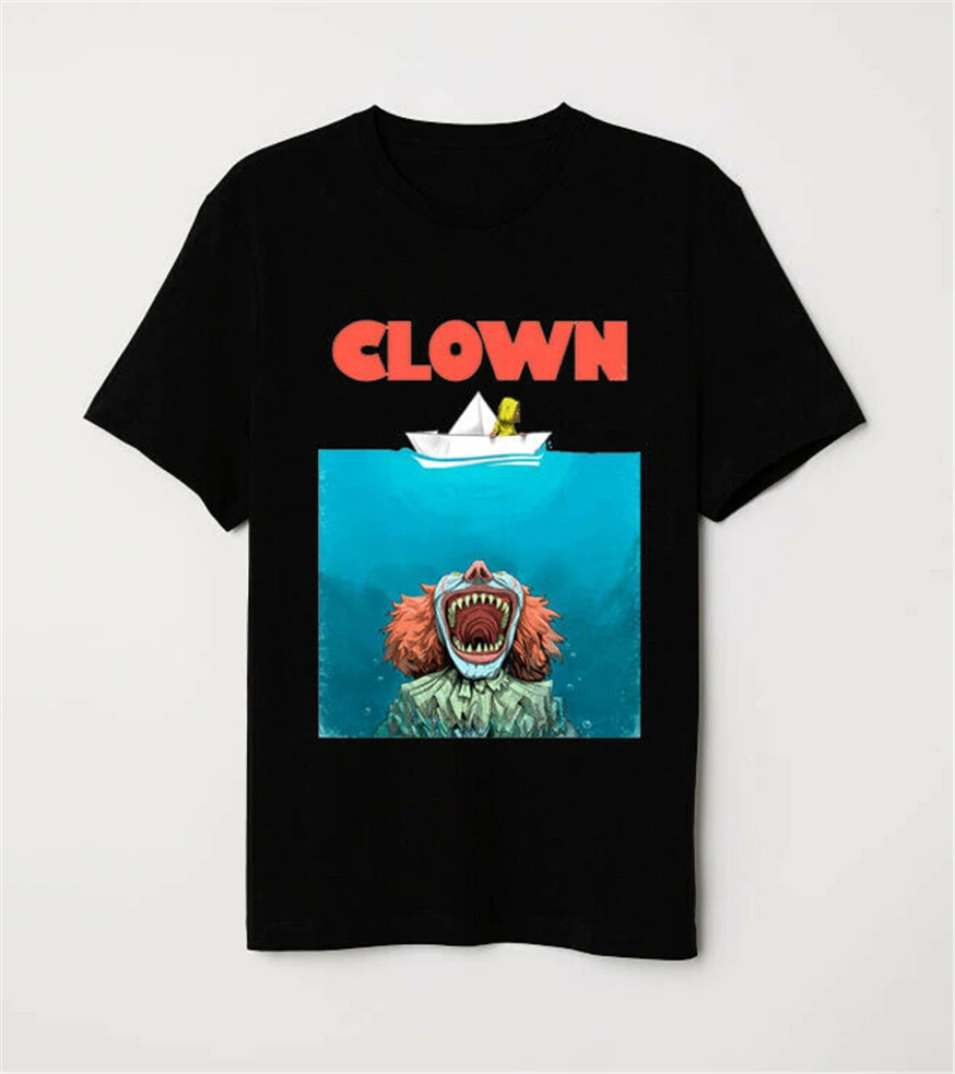 Челюсти плакат пародия Стивен Кинг Pennywise клоун это забавный ужас черная футболка