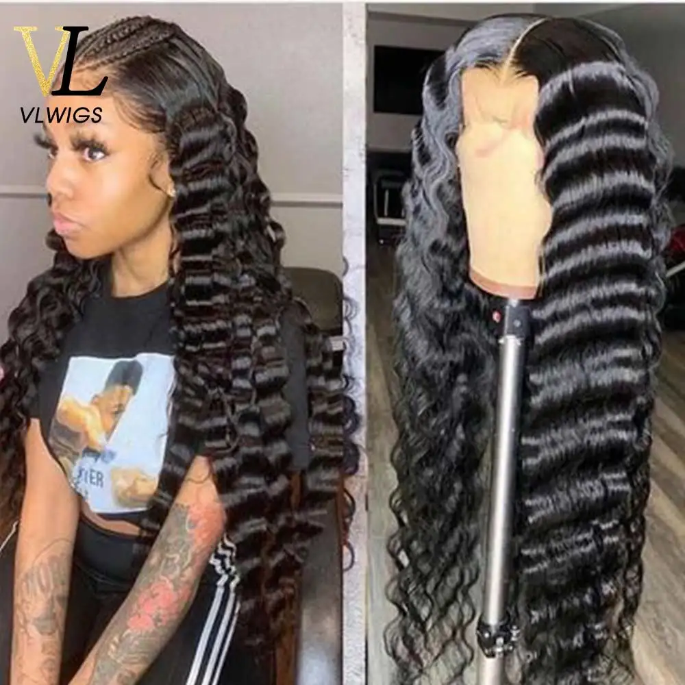 VLWIGS глубокая волна полный Синтетические волосы на кружеве парики из натуральных
