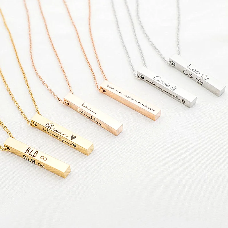 

Вертикальное ожерелье из стерлингового серебра под заказ, ожерелье с персонализированной резьбой из розового золота, ожерелье с инициалом, ожерелье с именем, свадебный подарок