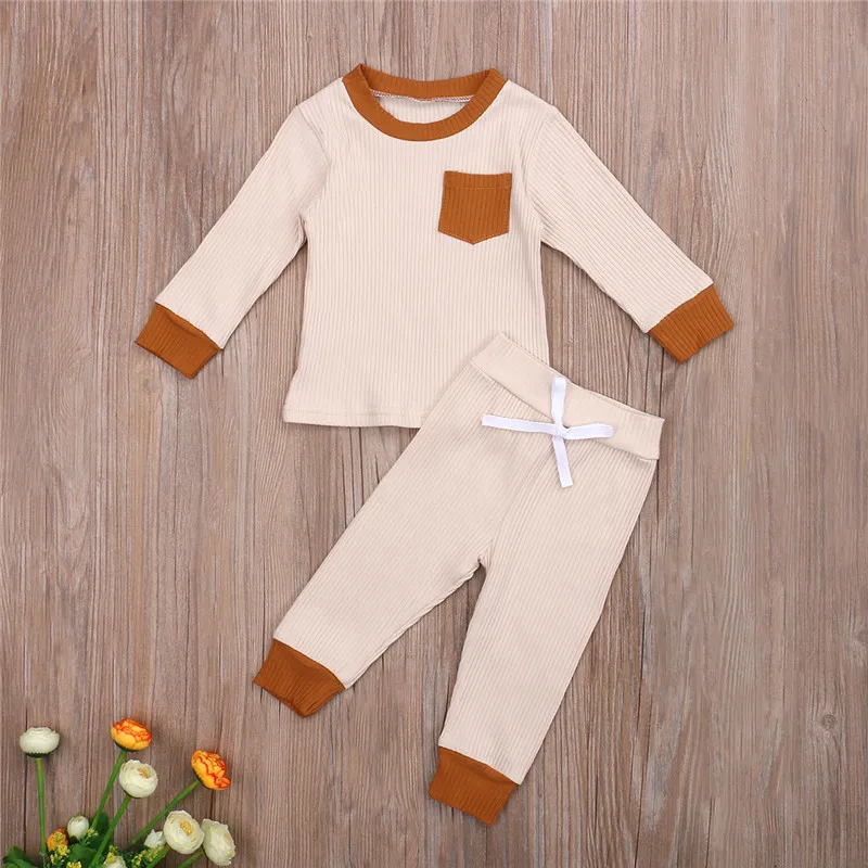 

Autumn Toddler Baby Boys Girls Suits Cotton Knitted Newborn Long Sleeve Pocket Tops+Pants Tracksuits Children Clothing Set