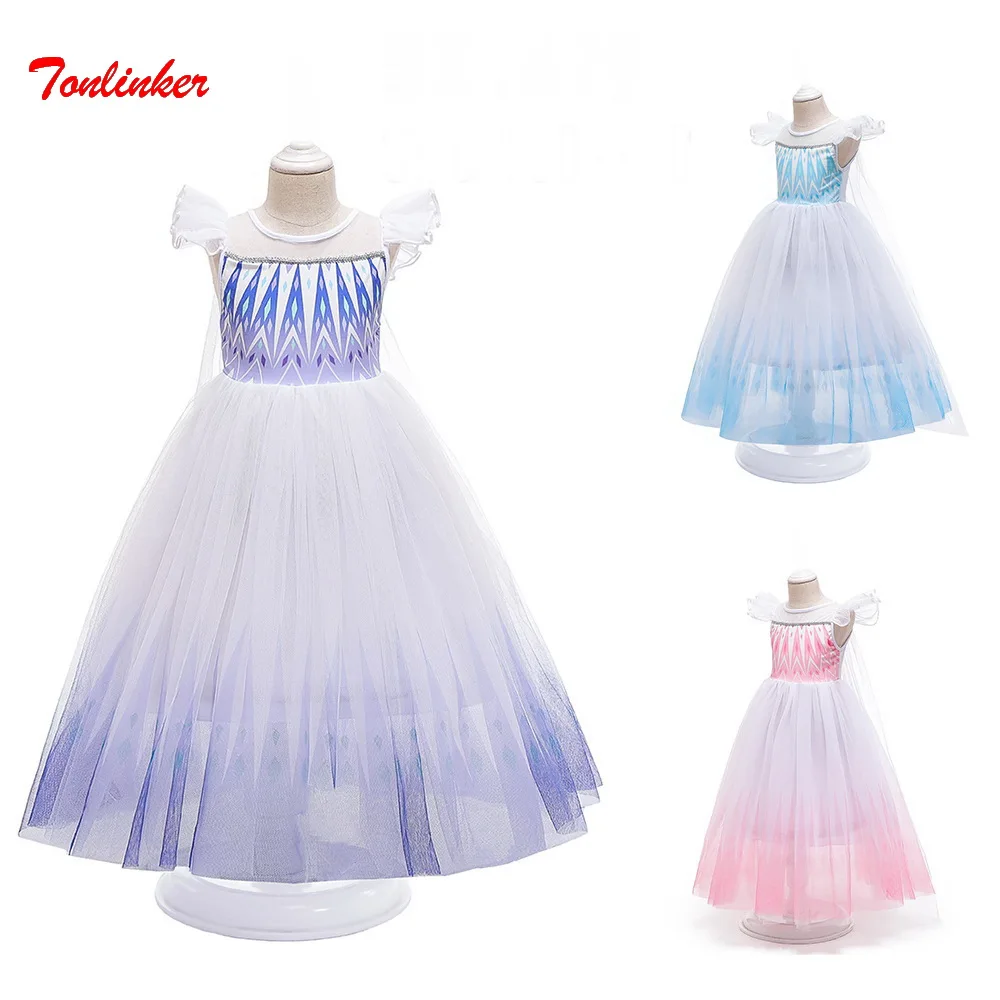 

Girls Blue Short Sleeve Dress Costume Princess Snow Queen Dressing Up With Cape For Girl Party Dress Child Clothing