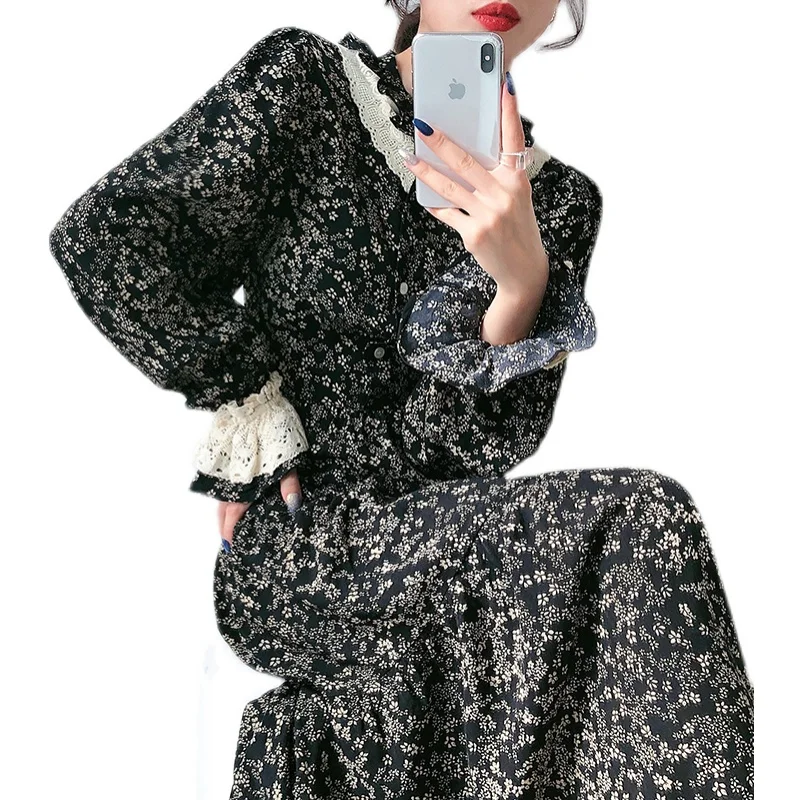 

COIGARSAM Vintage Patchwork Women dress New Spring Lace Floral Print Dresses Black 2443