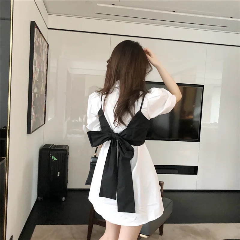 

Kywommnz Women Short Sleeve Shirt Streetwear Thin Bow Strap Stitching Korean Shirt Fashion Strap Spring Autumn 2021 E634