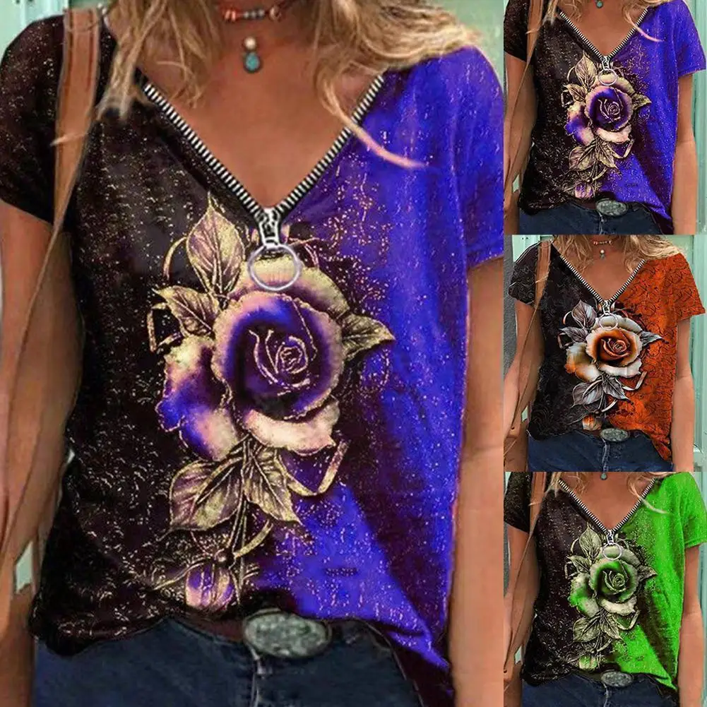 

Lady Casual V Neck Zipper Rose Print Hollow T Shirt Womens Floral Short Shirts Sleeve Size Shirt Print S-4xl Plus