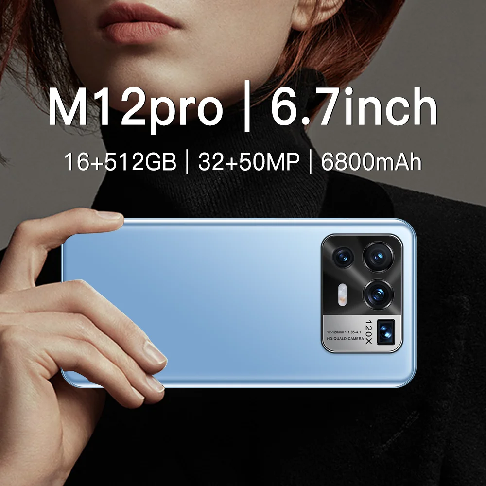

2021 5G Network Smart Phone M12Pro MT6889+ 10 Core 16+512GB 32MP+64MP 7.3 Inch 1440*3200 6800mAh Face ID Andriod 11 Cellphones