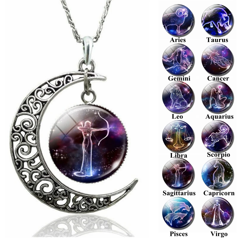 12 Constellation Necklace Zodiac Signs Cabochon Glass Crescent Moon Pendant Clavicle chain Birthday Gifts for Women | Украшения и