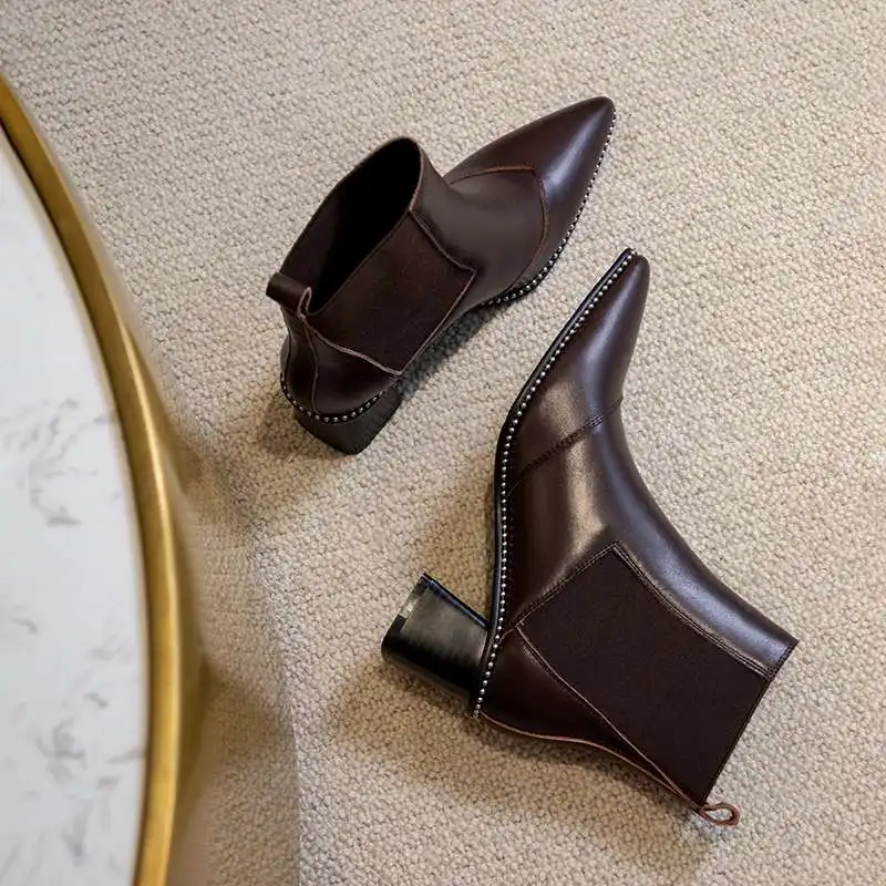 

Lenkisen natural leather pointed toe high heel Chelsea boots office lady daily wear concise design solid slip on ankle boots L50