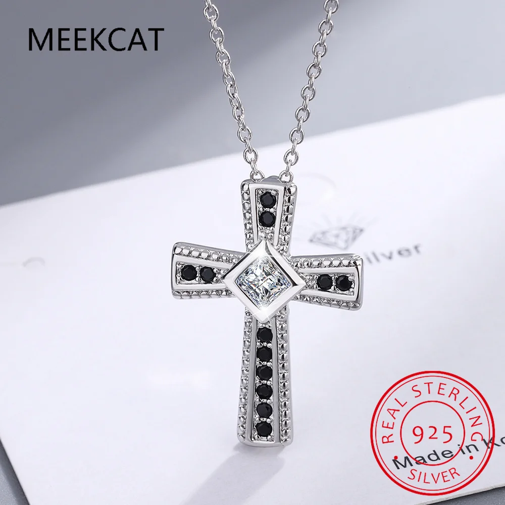 

MEEKCAT Pure 925 Sterling Silver Pendant For Women Vintage Cross Fit for Necklace Sparkling Black Spinel Fine Jewelry