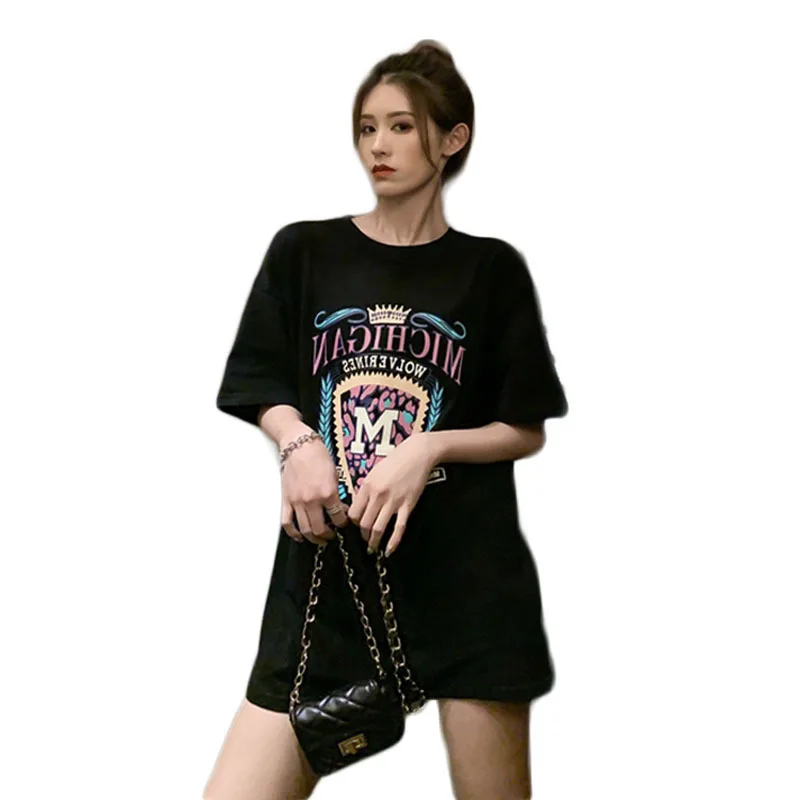 

summer of 2021new liberal European and American fashion cotton printed long female web celebrity T-shirt with short sleeves