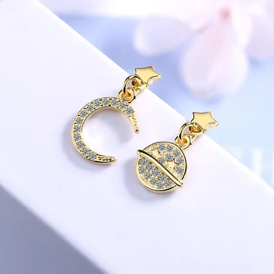 Sampanda Silver-plated Moon Planet Pentagon Star Simple Asymmetric Short Stud Earrings Fashion Jewelry For Women | Украшения и